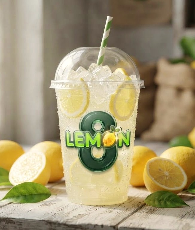 A cup of LEMON8 lemonade with lemon slices on a wooden table
