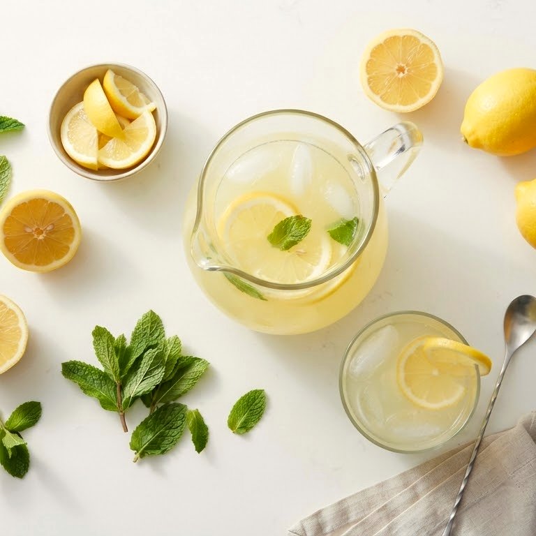 A jug of classic lemonade with lemon slices and mint