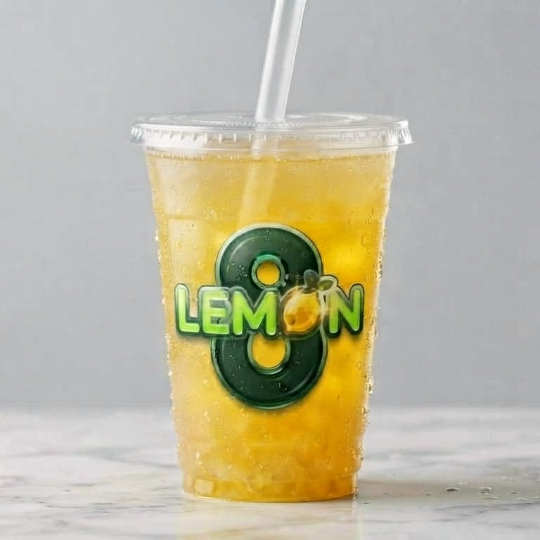LEMON8 branded cup of lemonade with a straw
