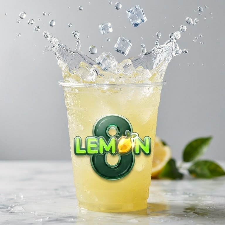 LEMON8 flavoured lemonade being poured over ice