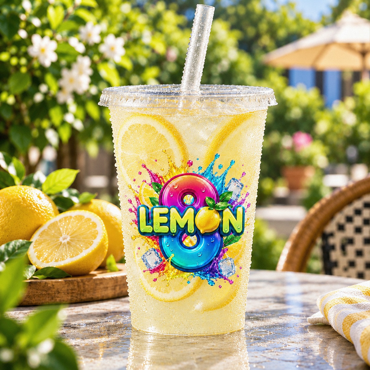 A LEMON8 cup of fresh lemonade on a sunlit garden table