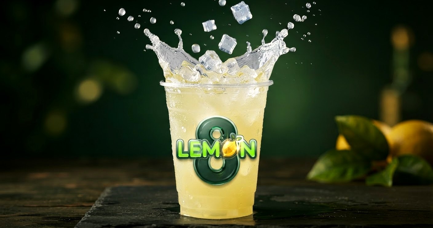 A splash of fresh LEMON8 lemonade with ice, poured into a branded cup